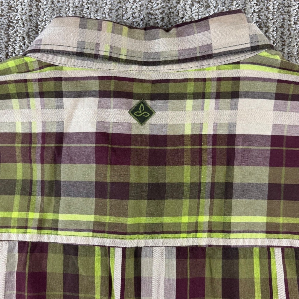 Prana Men's XL Plaid Pearl Snap Shirt Green Burgundy Beige Long Sleeve‎ Outdoor - Picture 6 of 12